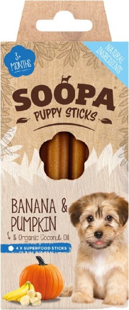 Soopa Dentální tyčinky Banán a dýně pro štěňata 100 g Soopa Dentální tyčinky Banán a dýně pro štěňata 100 g